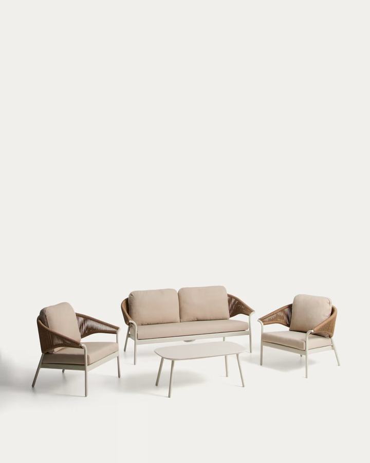 Zuara set with 3-seater sofa, 2 armchairs and outdoor table in ecru aluminium an