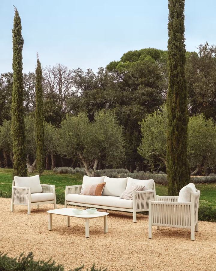 Aleria set with 3-seater sofa, 2 armchairs and coffee table in aluminium and ecr