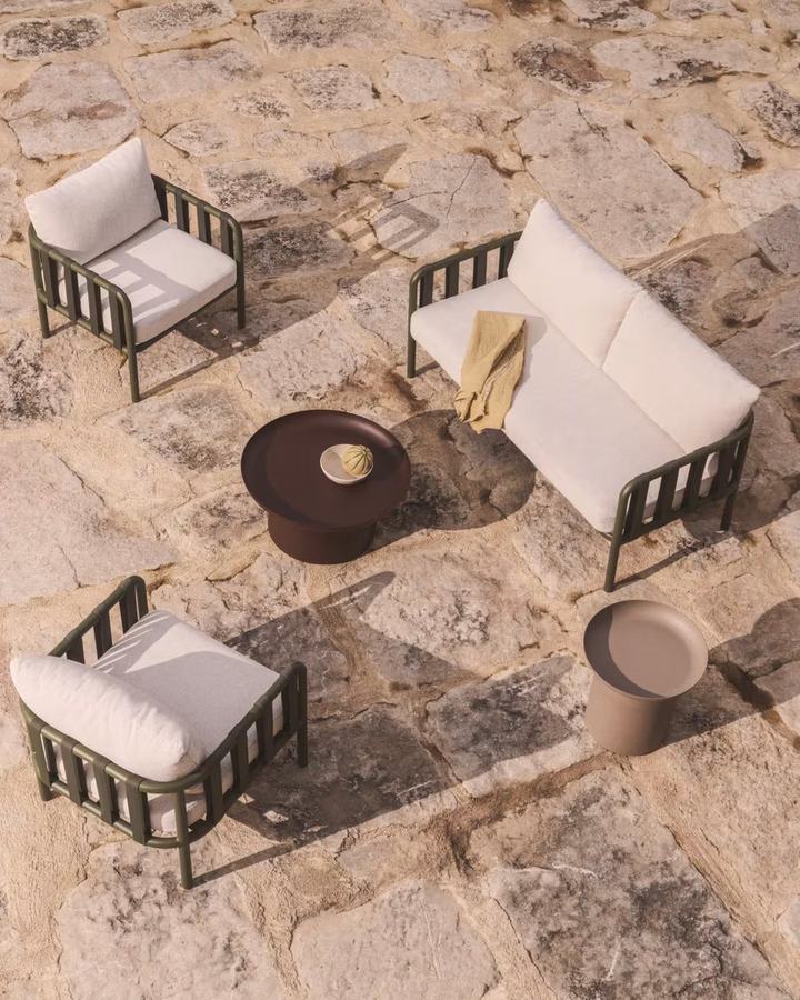 Omala set consisting of 2-seater sofa and 2 armchairs with green aluminium struc