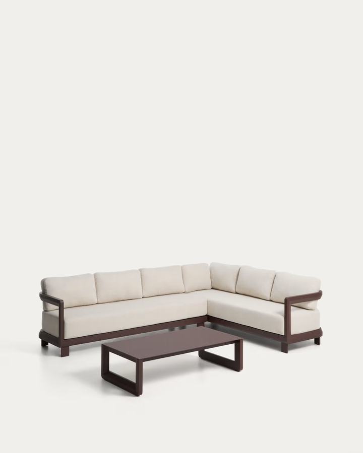 Nerano set with 5-seater corner sofa and coffee table in tempered glass and brow