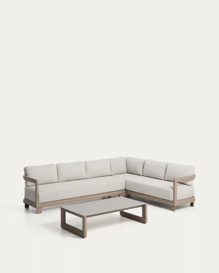 Nerano set with 5-seater corner sofa and coffee table in tempered glass and taup